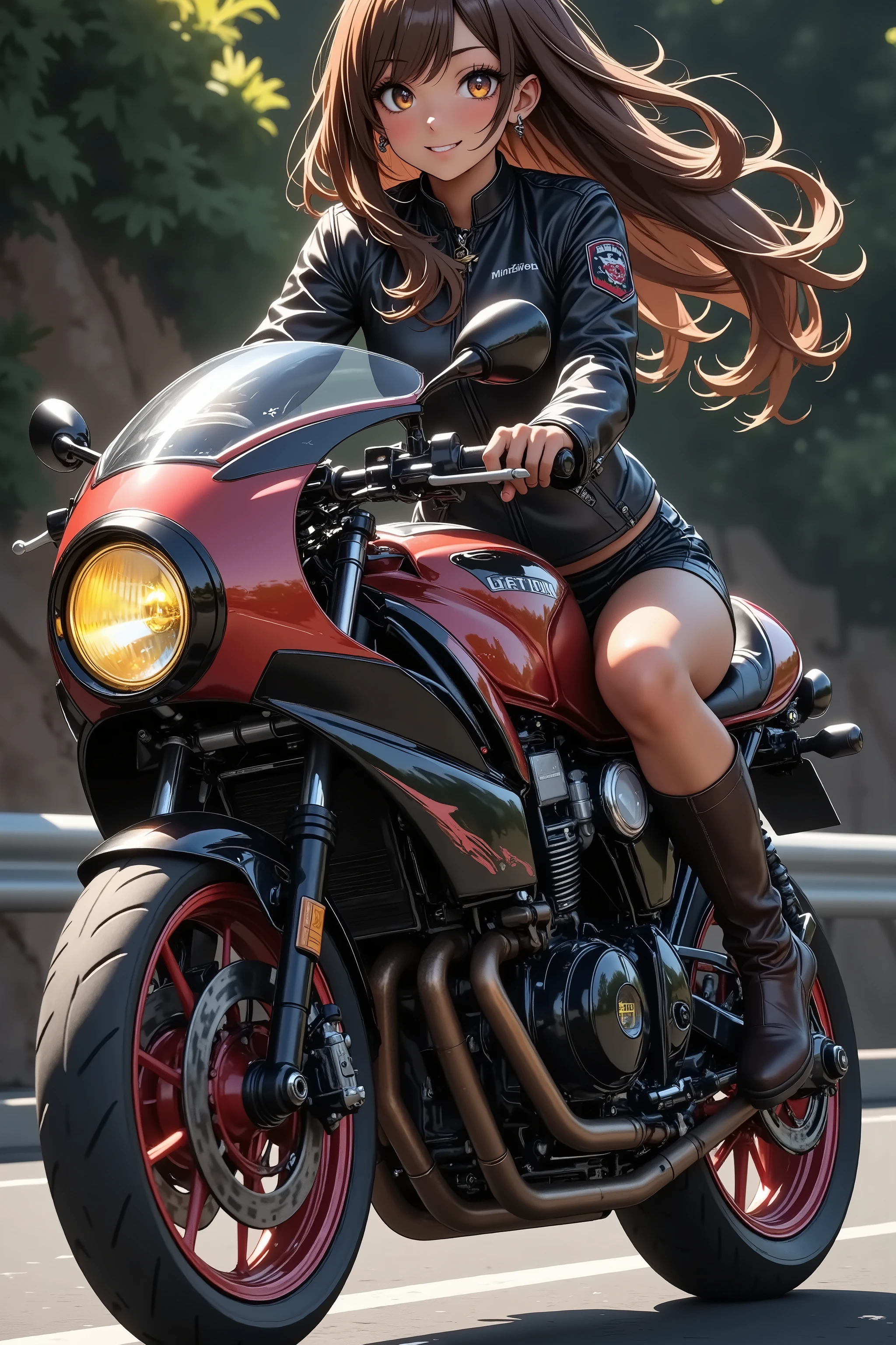 One beautiful woman riding a motorcycle tuned to Cafe Racer 、 yellow headlight、 rocket cowl 、Overall view of the motorcycle、glowing exhaust pipe, Ultra Wide Angle,  glossy brown skin 、 anime