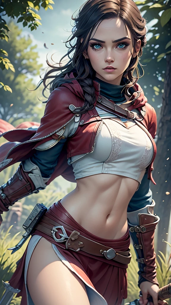 An Assassin in a assassin's creed setting with a Brown wavy hair. Wearing a sexy red and brown assassin's leather suit with cleavage. No pants. No bra. Red assassin's creed-styled hoodie. Assassin's creed emblem. She is rather slim. Flat chest. Small hips and long thin legs. White skin. A narrow soft face. Soft round chin. A very long and big nose. Cute curved lips. Big upturned eyes. Very bright and barley visible eyebrows. Very very thin eyebrows. Long neck. Adventurous. Courageous. Bold. Backgrounds: town. Great at fighting. Master of martial arts. Hidden knife. Fighting scene. dynamic pose.