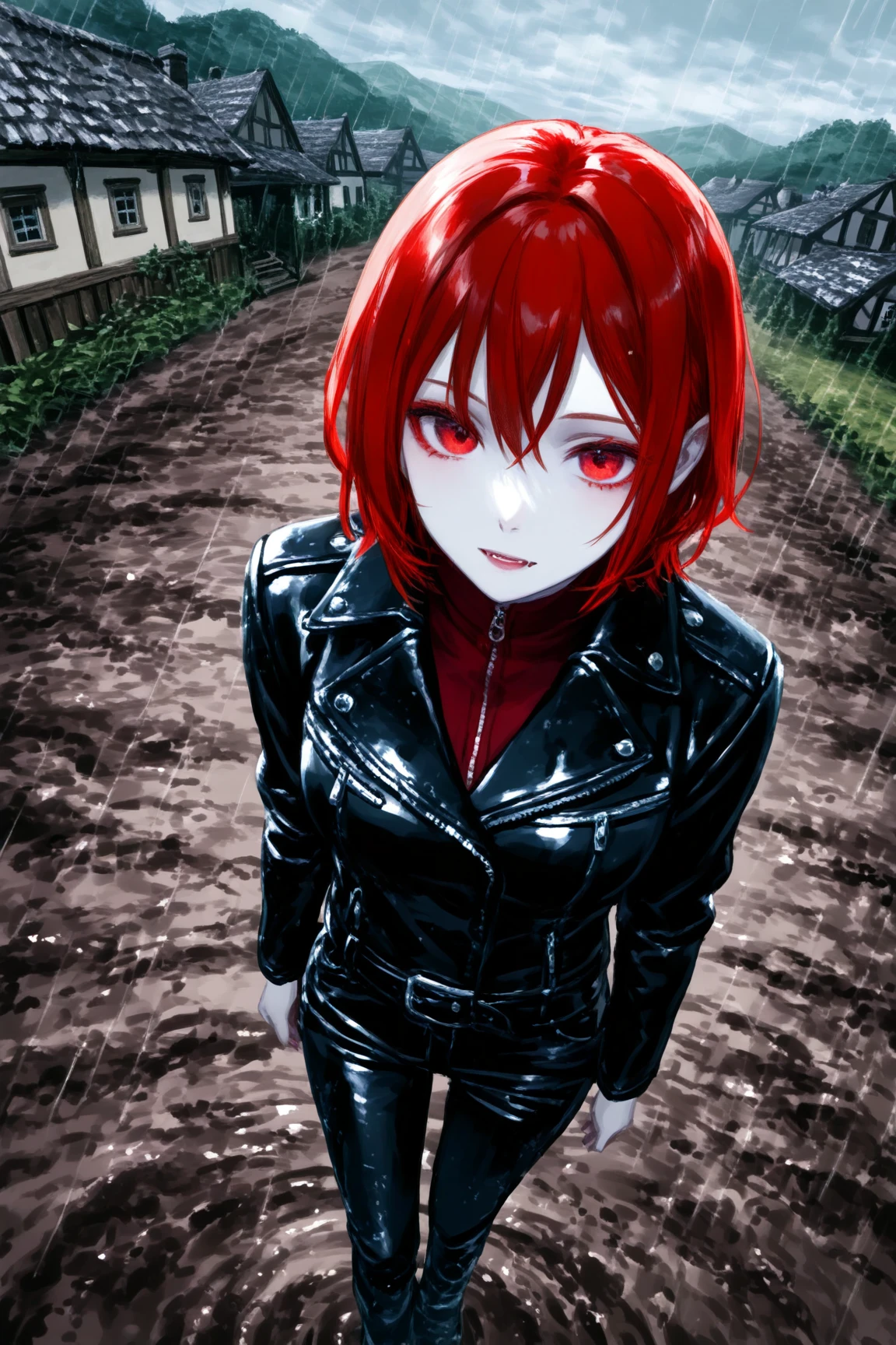 Anime semi realistic, crimson hair, vampire girl, pale skin, red eyes, leather jacket, german village, gloomy day, outside, pudlles of rain and mud, downward angle perspective, 