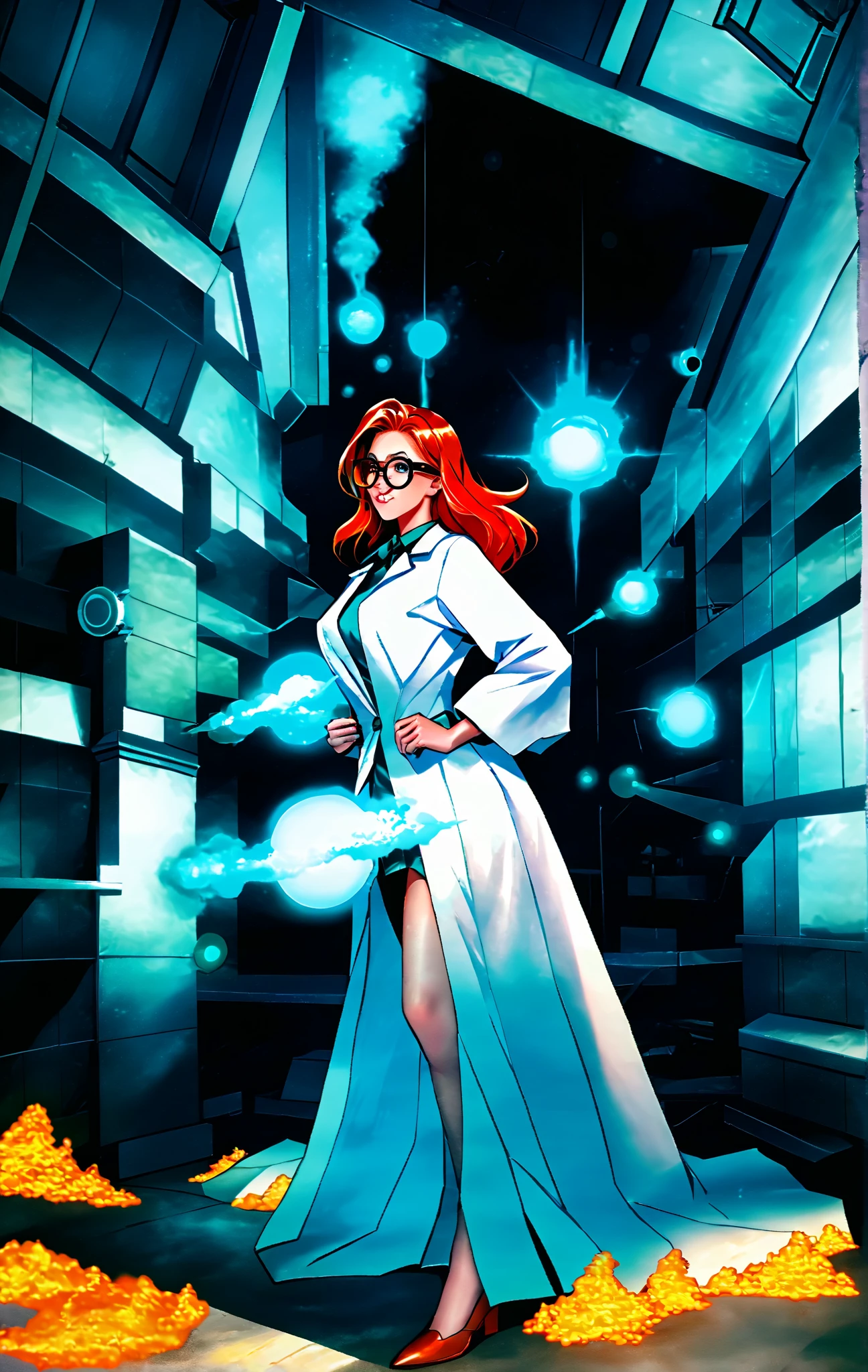 Woman, 30 years old. Nuclear scientist. Labcoat and glasses. Dark red hair. Irradiated by a radiation leak at nuclear power plant. Iridescent blue glow. She is transforming, growing into a 80ft tall giantess. Her muscles tighten and bulge. Her limbs lengthen and hips widen. Her breasts swell to enormous proportions. She grows through the roof of the containment building. Feeling powerful, strong,  sexy. 