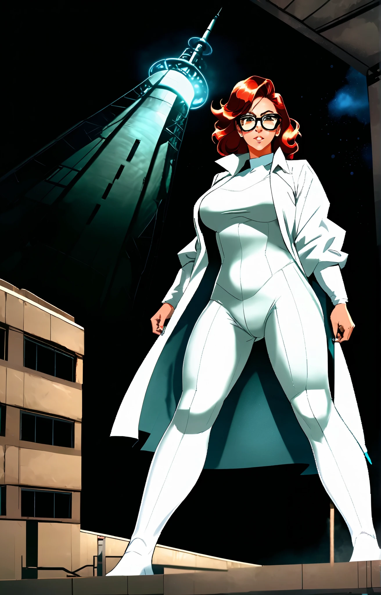 Woman, 30 years old. Nuclear scientist. Labcoat and glasses. Dark red hair. Irradiated by a radiation leak at nuclear power plant. Iridescent blue glow. She is transforming, growing into a 80ft tall giantess. Her muscles tighten and bulge. Her limbs lengthen and hips widen. Her breasts swell to enormous proportions. She grows through the roof of the containment building. Feeling powerful, strong,  sexy. 