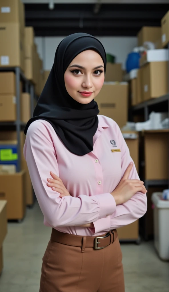 This image shows a young woman wearing a hijab who is in a sewing workshop.. The woman was wearing a cream-colored hijab and a blue apron with writing on it. "MARETHA FASHION" In front of him. In front of him is a sewing machine with writing "Indonesia," which shows that this is a local product.
This room is full of sewing equipment such as rolls of thread., cloth, scissors, and various other accessories neatly arranged on the table and walls. In the background, there are some pictures and clothes hanging on the wall, adding to the effect of this room as a place of active sewing.
This woman seems to be smiling, create a friendly and professional atmosphere.
