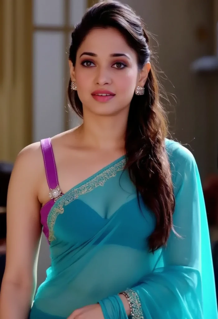 Tamanna bhatia wears blue transparent sleeveless saree, border of saree intricately designed with golden color, she wears diamond necklace, her dark sleek longest hair styled neatly and braided on shoulders, her navel through her transparent saree, she standing by putting her hand on her waist, background should be matching lights little blurred, cinematic, her sexy lips, her best body structure,