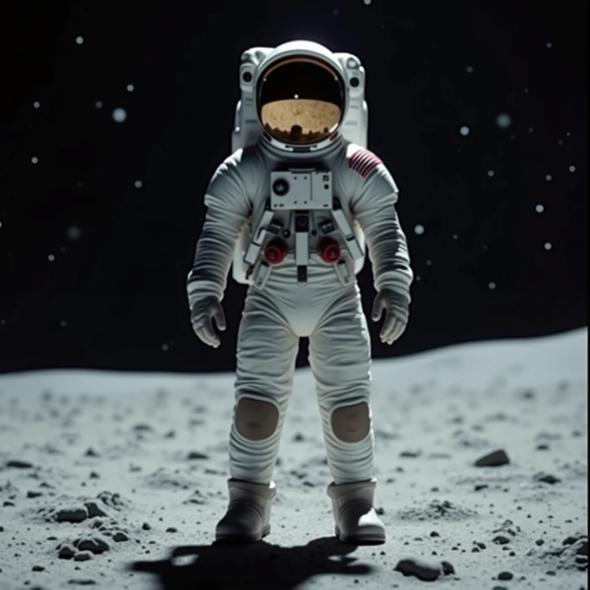 An astronaut in a spacesuit with a large helmet with a mirrored visor stands on the Moon, in the background is a dark universe with stars, the image is dark, ultra realistic, a handsome astronaut from the front 