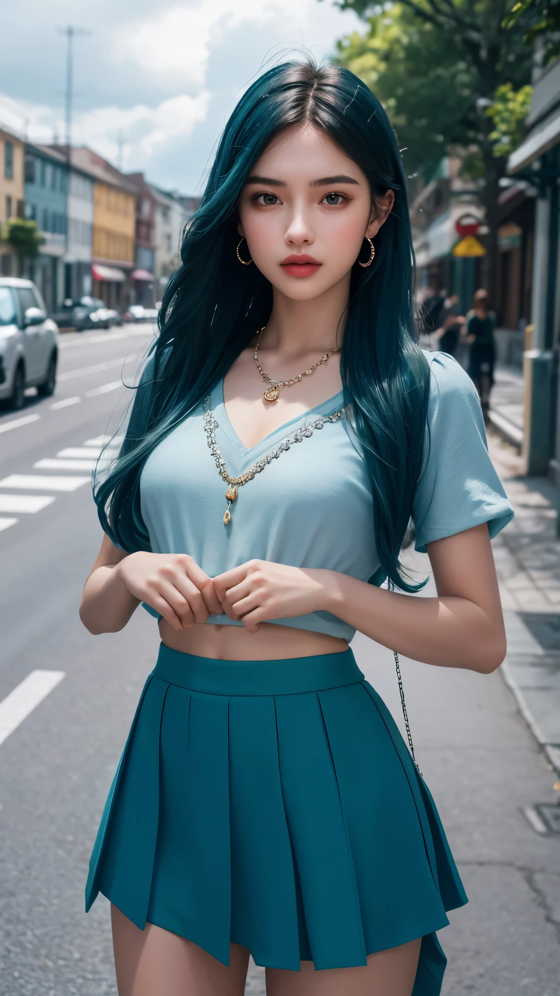full body of a beautiful ethereal woman, her very long magenta hair cascading down in soft waves, framing a face of extreme detail and elegance. Her eyes, big and colorful, boast three gradient teal shades of eyeshadow and eyeliner, accentuating her double eyelids and long lashes. Rosy cheeks adding a touch of warmth to her ethereal beauty, and her skins glossy texture shines in the cinematic light, highlighting each and every realistic pore and Wrinkle. Full lips adorned with golden glitter on her lipstick, complementing the magenta and teal jewels she wears around her neck and wearing ((Bold printed mini skirt with a ruffled hem, worn with a simple white t-shirt, slide sandals, and a pair of statement earrings for a fun summer outing)