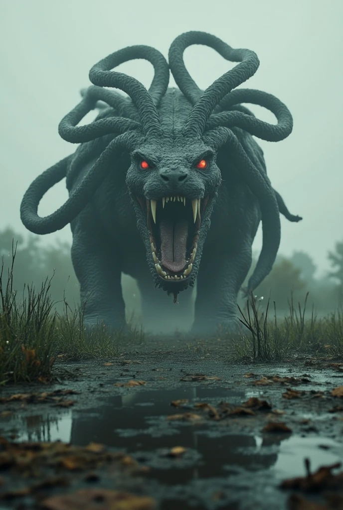 (best quality, 128k,highres,masterpiece:1.2),ultra-detailed,(realistic,photorealistic,photo-realistic:1.37), ((masterpiece)) ((photography)) ((Highest quality)) A monstrous Hydra rising from a foggy, desolate marshland. Its many serpentine heads writhe and hiss, each with glowing red eyes and razor-sharp fangs. Its dark, leathery skin glistens with swamp water, and the ground around it is littered with the remains of past victims. The air crackles with a sense of impending doom.