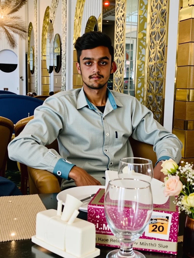 ager pakistani brown boy, realistic, high resolution, in restaurant, white shalwar qameez