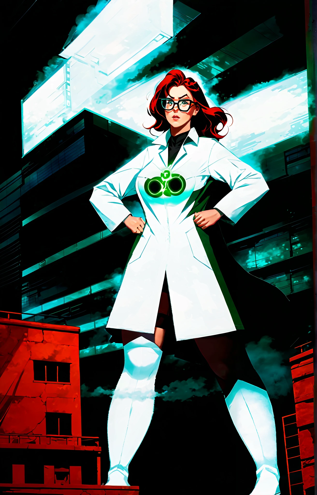 Woman, 30 years old. Nuclear scientist. Labcoat and glasses. Dark red hair. Irradiated by a radiation leak at nuclear power plant. Iridescent blue glow. She is transforming, growing into a 80ft tall giantess. Her muscles tighten and bulge. Her limbs lengthen and hips widen. Her breasts swell to enormous proportions. She grows through the roof of the containment building. Feeling powerful, strong,  sexy. 