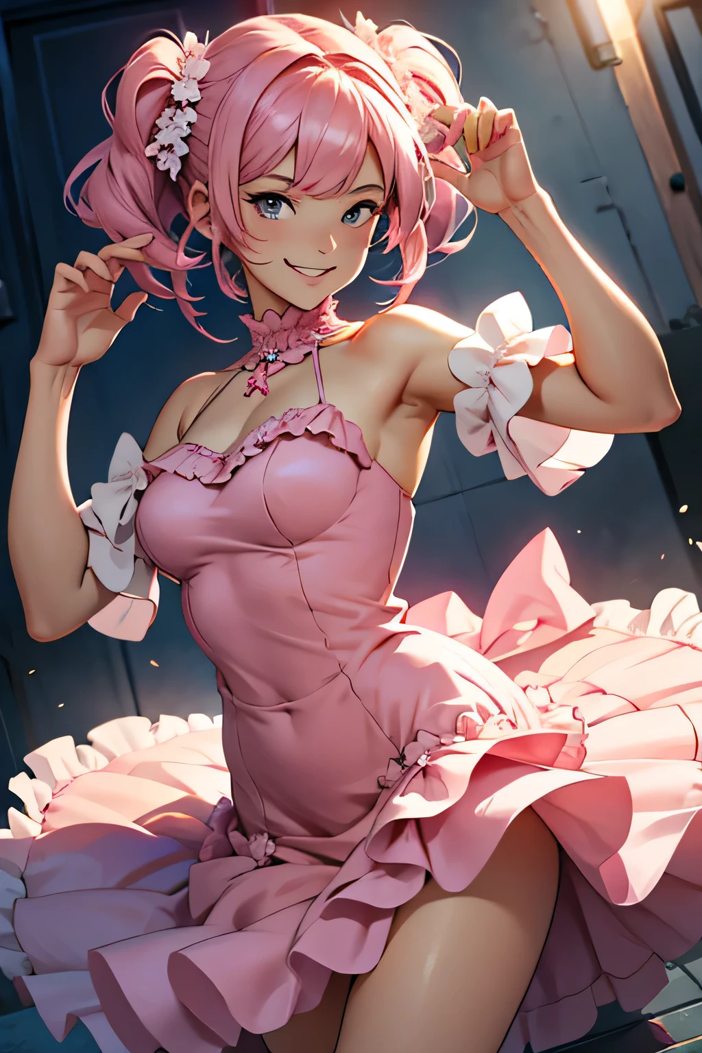 Pink haired girl in an elegant pink sexy dress, medium breasts, big-ass , Perfect face and hands
