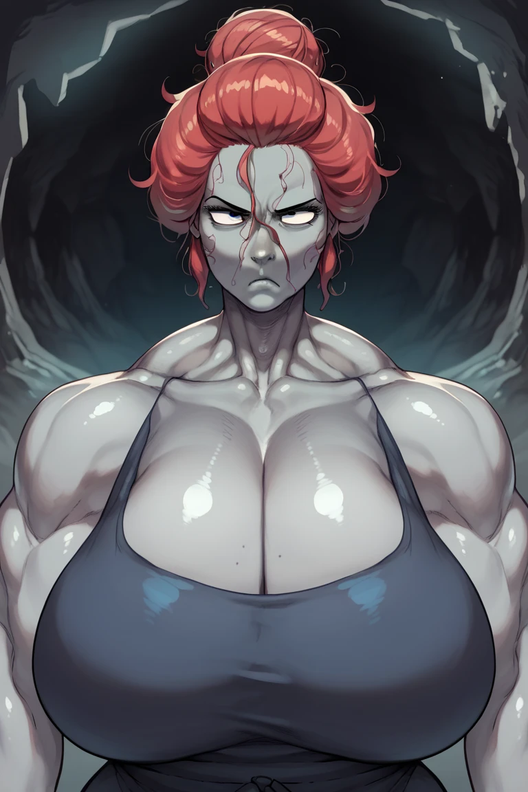 Female,milf, mature red hair, grey skin,messy hair bun, gigantic boobs, gigantic ass,dark grey cave,blue revealing rags,serious face, muscle, front view,