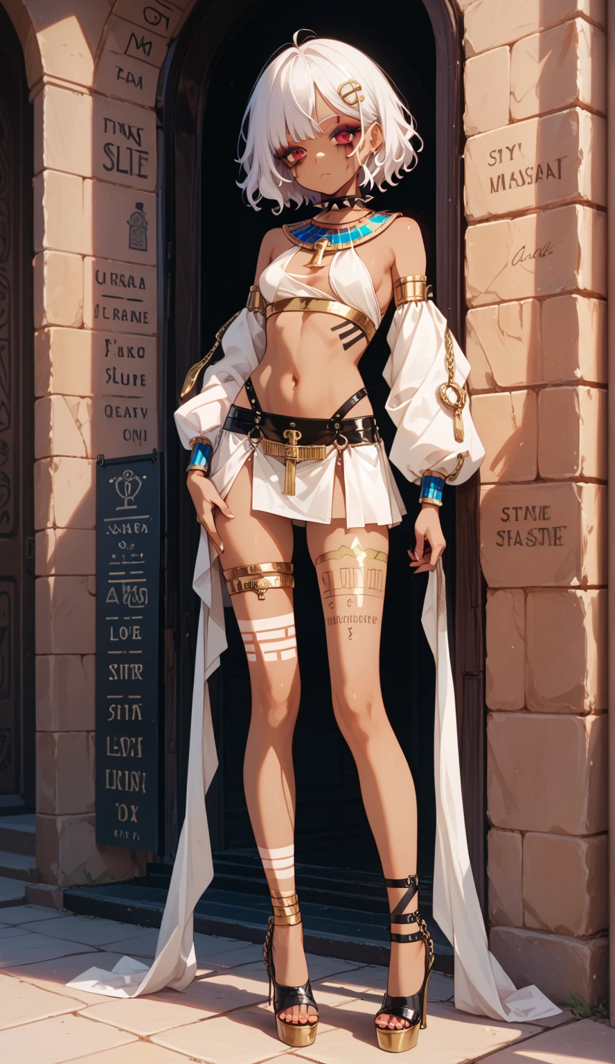 Gray and white short hair young lady,Dark skin,flat chest,Extremely slim body,Tattoo,big cloak,thong,Mini skirt,Thin legs,barefoot,medieval city