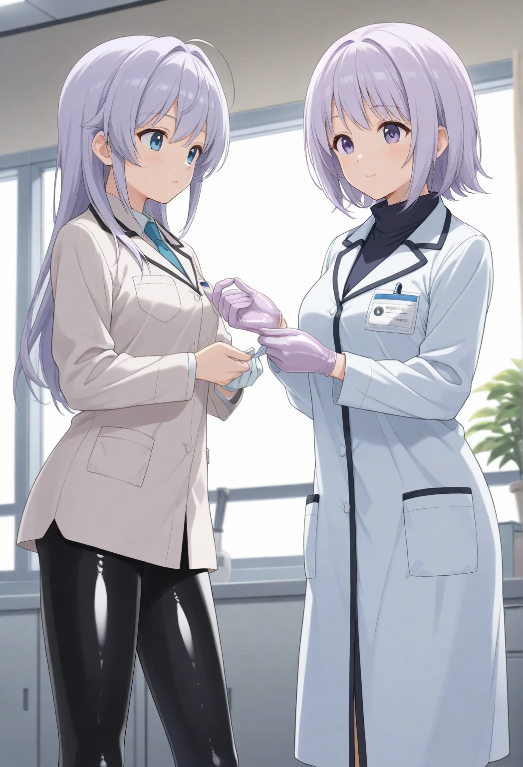 two girls, anime, ((female doctor)), [short hair], [doctor outfit], ((light purple gloves)), ((surgical gloves)), ((latex gloves)), [adjusting gloves], other clothing is not made of latex, ((long Sleeve)), is standing, お互いの手を握っている