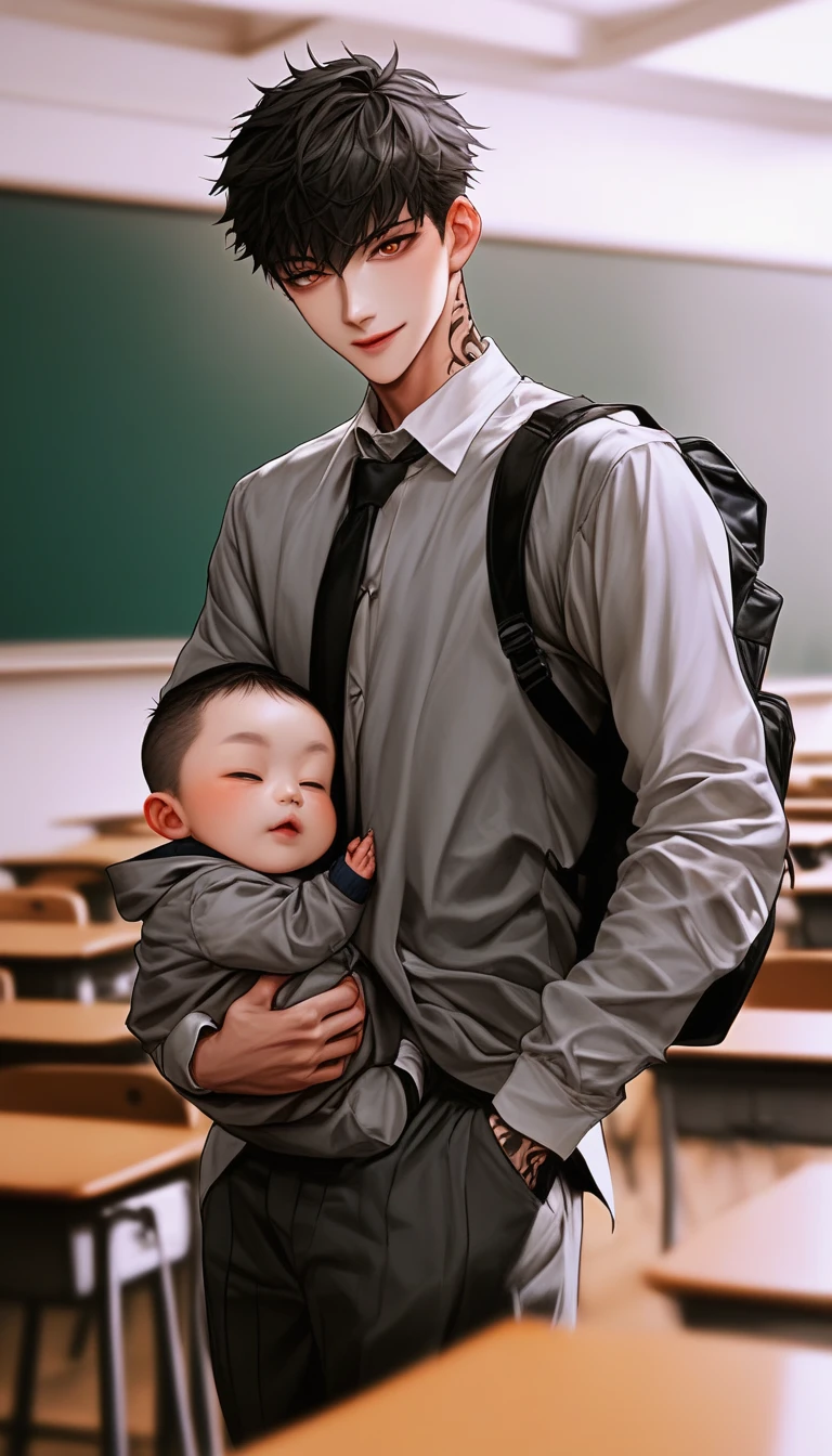  comic split lens，Multiple screen ： sunshine，Korean comic book style， A male classmate wearing a gray suit and school uniform，Walk into the classroom，Carrying a backpack，baby，Bag on the table ， Another shot close-up of his face ， young and energetic， Very handsome face，脱下衣服露出龙Tattoo，muscle，  White Skin，Tattoo， Wet Hairstyle  ，pant， charming eyes  