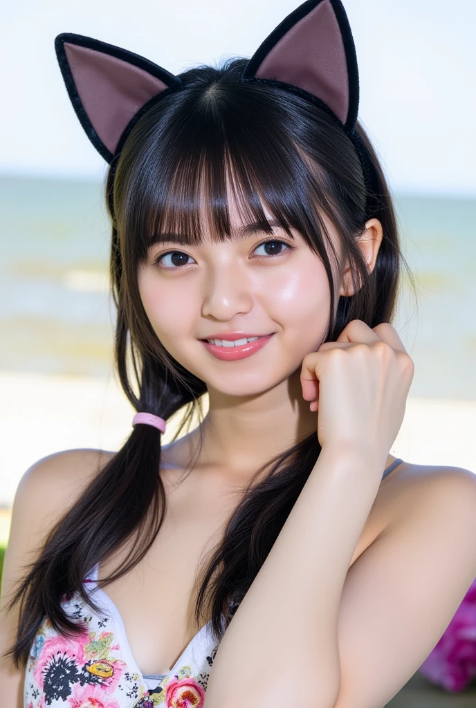 1 girl,  high definition,  top quality,  Bikini、Cat ears、smile、 white skin、With bangs、 black hair、 Low Twin Tails 、Look to the right、