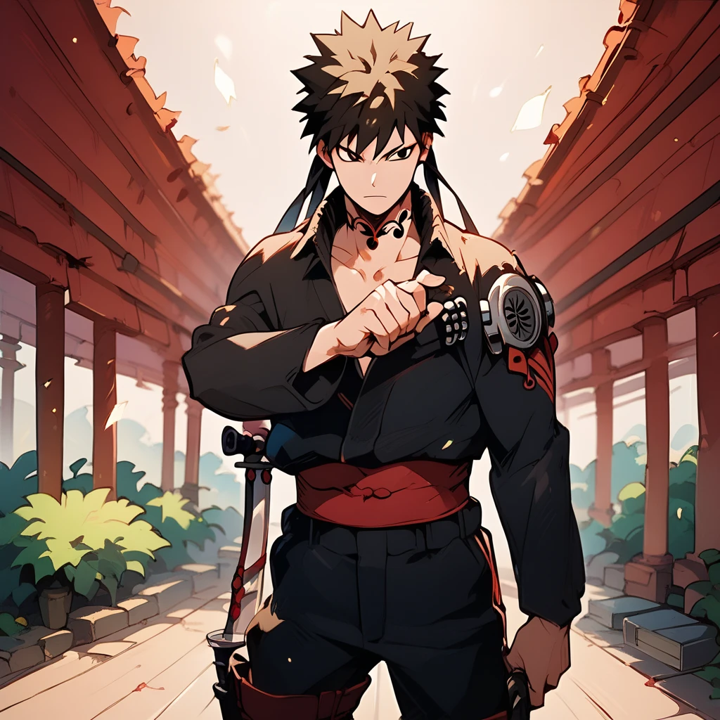  In Anime style create a 22-year-old brown Afro black ninja boy with black Chun-Li hair with a hairstyle divided into two chunks style Chun-li hair, neck tattoo , black eye,  dark ninja clothing with red details ,  holding a katana sword and one hand and a microphone in another hand .  In the background a Japanese Torii made entirely of speakers ,  Speakers and speakers forming a Japanese Torii arc . Japanese anime cartoon style .