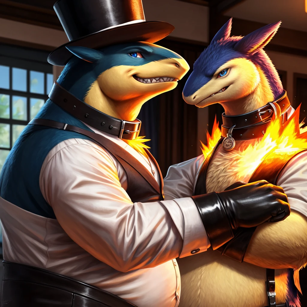 Male, fat, extremely obese, gentleman, dapper Professor Typhlosion, blue eyes, (posing:1.3), (soft shading), 4k, hi res, ((detailed face, detailed)), looking at viewer, mouth wide open, steampunk, dapper clothing, collared shirt with buttons, top hat, male focus, Explorer Outfit, glasses, monocle, vest with buttons, sleeves rolled up, round eyewear, brown headwear, brown vest, office, Typhlosion is wearing a glossy leather dog collar around the neck, Typhlosion is wearing the leather collar and shirt and vest at the same time, Typhlosion is wearing glossy white rubber gloves on the hands, wearing white rubber gloves on the feet, gloves are rubber in texture, clenching teeth, clenching fists, leather collar is glossy and shiny with a lot of detail, Typhlosion is wearing gloves and leather collar at the same time, leather collar has a round dog-tag, leather collar is thick and detailed, leather collar is glossy and shiny, fancy clothing, dapper vest, dapper shirt, leather collar is thick, glossy leather collar, a second male Typhlosion in the same attire helping the fat Typhlosion get dressed.