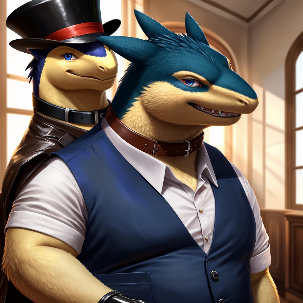 Male, fat, extremely obese, gentleman, dapper Professor Typhlosion, blue eyes, (posing:1.3), (soft shading), 4k, hi res, ((detailed face, detailed)), looking at viewer, mouth wide open, steampunk, dapper clothing, collared shirt with buttons, top hat, male focus, Explorer Outfit, glasses, monocle, vest with buttons, sleeves rolled up, round eyewear, brown headwear, brown vest, office, Typhlosion is wearing a glossy leather dog collar around the neck, Typhlosion is wearing the leather collar and shirt and vest at the same time, Typhlosion is wearing glossy white rubber gloves on the hands, wearing white rubber gloves on the feet, gloves are rubber in texture, clenching teeth, clenching fists, leather collar is glossy and shiny with a lot of detail, Typhlosion is wearing gloves and leather collar at the same time, leather collar has a round dog-tag, leather collar is thick and detailed, leather collar is glossy and shiny, fancy clothing, dapper vest, dapper shirt, leather collar is thick, glossy leather collar, a second male Typhlosion in the same attire helping the fat Typhlosion get dressed.