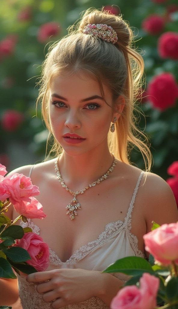 score_9, score_8_top, score_7_top, score_6_top, score_5_top, score_4_top, a beautiful woman, goddess of love, beauty and sexuality, flowing white dress, golden hair, piercing blue eyes, ornate jewelry, ethereal glowing aura, serene expression, romantic landscape, rolling hills, blooming flowers, warm sunlight, (best quality,4k,8k,highres,masterpiece:1.2),ultra-detailed,(realistic,photorealistic,photo-realistic:1.37),hyperrealistic,dramatic lighting,cinematic composition,dreamlike atmosphere,vibrant colors,intricate details