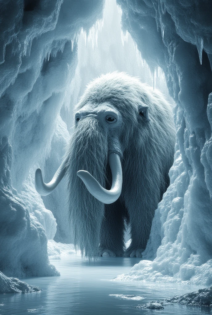 ultra realistic drawing,  With lots of details , of a well-defined and realistic dead mammoth trapped and frozen in an ice cave in Antarctica, And he barely appears behind the ice 
