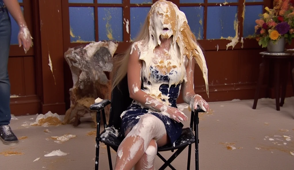 A beautiful young 18-year-old woman with very long, straight blonde hair wearing a dark blue dress and high heels sits in a folding chair on the set of a gameshow.  She is completely covered from head to toe with very thick white pie cream, including her face, of which her eyes, nose and mouth are completely obscured.  Several of the pies' white paper plates are stuck to her.  The pies are 100% very thick white cream and have no crusts.  Full body shot.