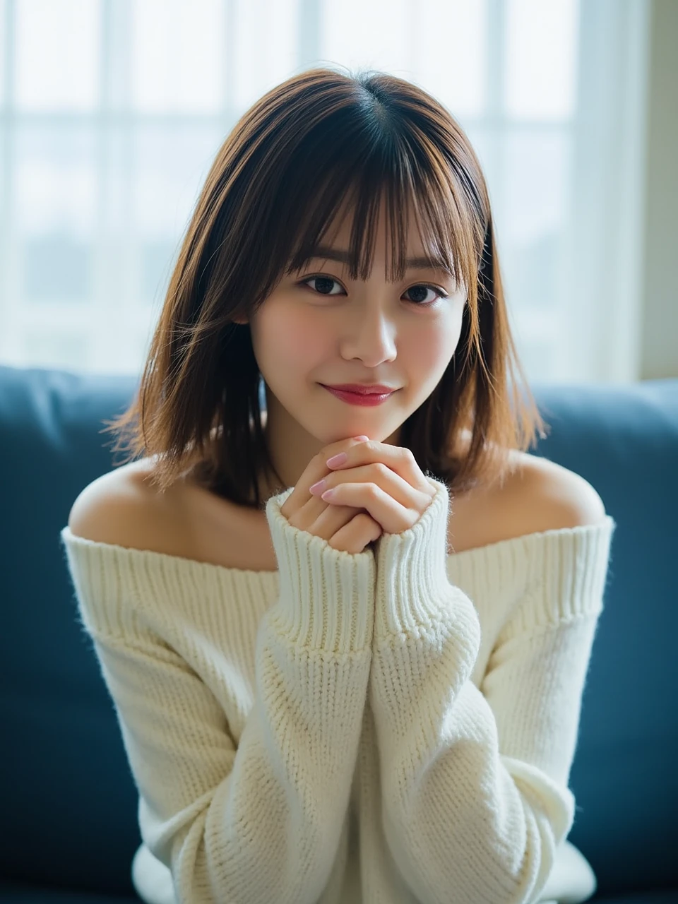 hikari_kabashima, The image is a portrait of a young Asian woman with shoulder-length brown hair and bangs. Snow-white skin. She is wearing a blue top and a white knitted sweater. The woman is sitting on a blue couch and is looking directly at the camera with a slight smile on her face. Her hands are clasped together in front of her chest, and she is holding the sweater with both hands. The background is blurred, but it appears to be a living room with a window and curtains. 

Natural lighting. 