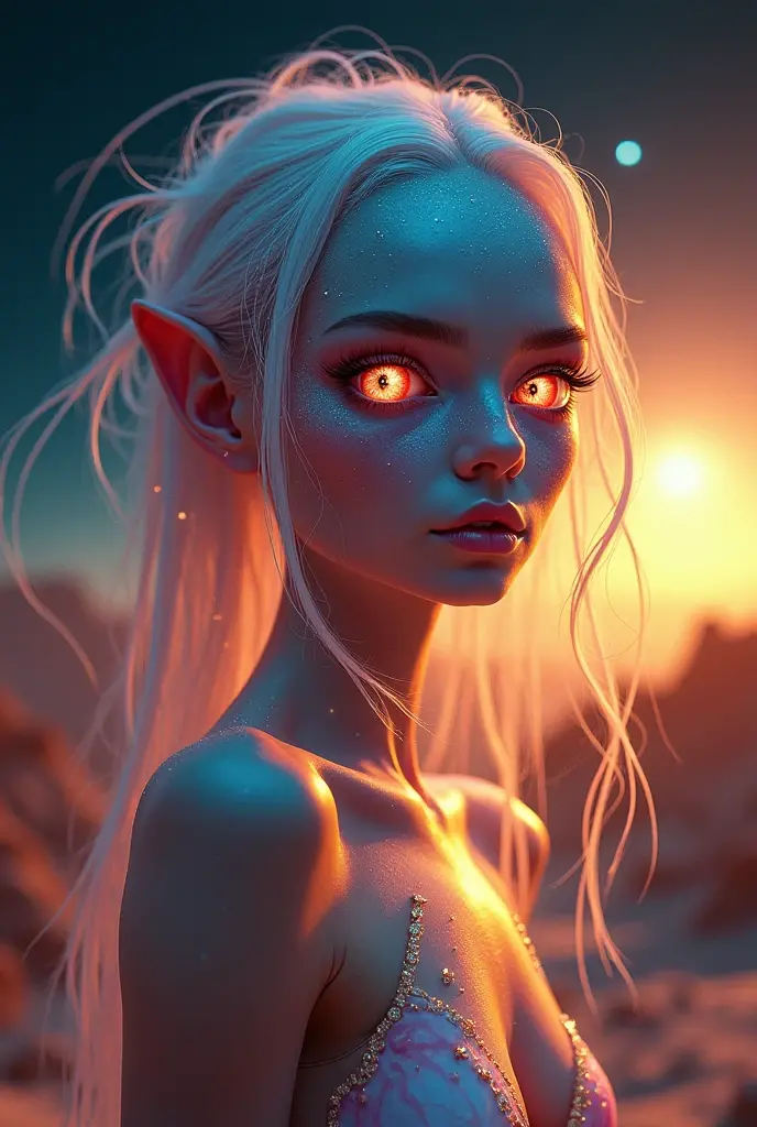 A studio portrait of a beautiful alien woman with a sexy and captivating appearance. Their skin has an iridescent tone that reflects the colors of the environment., giving it an ethereal glow. His eyes are big and bright., with a color that changes between cosmic tones, while her hair flows in translucent strands that appear to be made of starlight. He is standing in an alien landscape, with a distant planet on the horizon, and the majestic Saturn visible in the sky, with its rings shining impressively. The atmosphere is fantastical and epic, with a realistic touch that makes the scene feel immersive and tangible