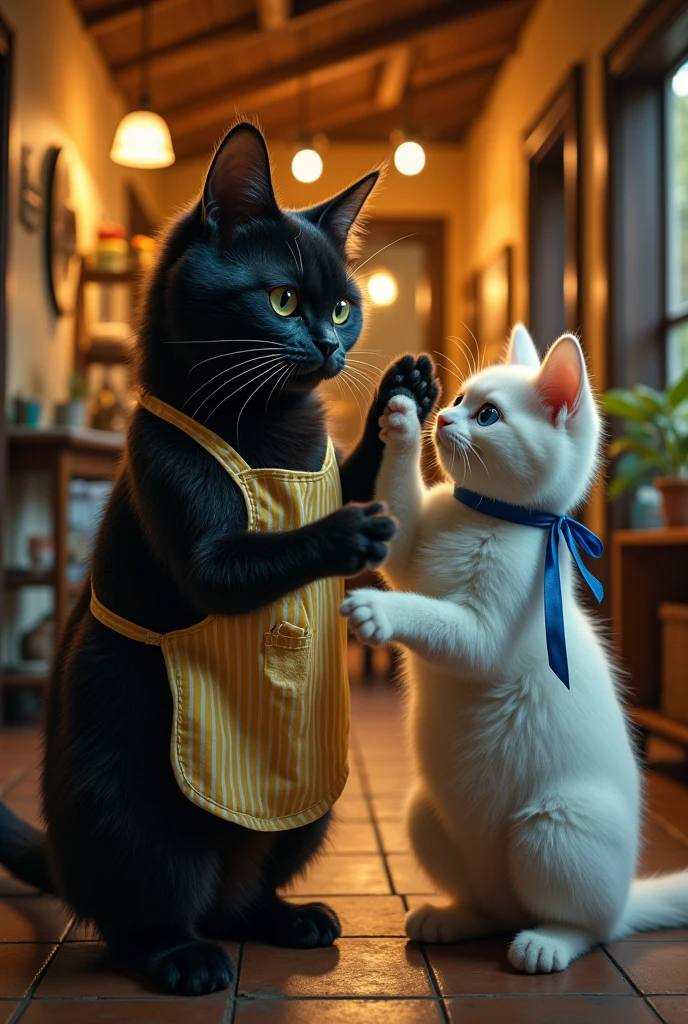  a black cat with broken ears gently 、白猫andハイタッチしている,  like standing in a hallway where you can see a view of the kitchen  , "2本足で歩く人間の背丈and同じくらい巨bodyで恰幅の良いスコティッシュフォールドのブラックキャット ((Cait Sith))body"and"An innocent blue-eyed white cat with a blue ribbon around its neck ", (  top quality  ,4K,8k,  high definition,Masterpiece:1.2),  ultra detail to attract small breasts ,(  realistic,photo  realistic,photo-  realistic:1.37),  detailed eyes ,  detailed nose  , Extremely Detailed Face ,  has long eyelashes,,  dusk lighting  , Yellow vertical striped apron ,Cheerful ,dramatic, Like in the movies , Strange  ,Western-style house  , vibe,captivating