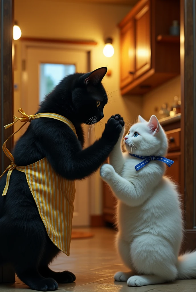  a black cat with broken ears gently 、白猫andハイタッチしている,  like standing in a hallway where you can see a view of the kitchen  , "2本足で歩く人間の背丈and同じくらい巨bodyで恰幅の良いスコティッシュフォールドのブラックキャット ((Cait Sith))body"and"An innocent blue-eyed white cat with a blue ribbon around its neck ", (  top quality  ,4K,8k,  high definition,Masterpiece:1.2),  ultra detail to attract small breasts ,(  realistic,photo  realistic,photo-  realistic:1.37),  detailed eyes ,  detailed nose  , Extremely Detailed Face ,  has long eyelashes,,  dusk lighting  , Yellow vertical striped apron ,Cheerful ,dramatic, Like in the movies , Strange  ,Western-style house  , vibe,captivating