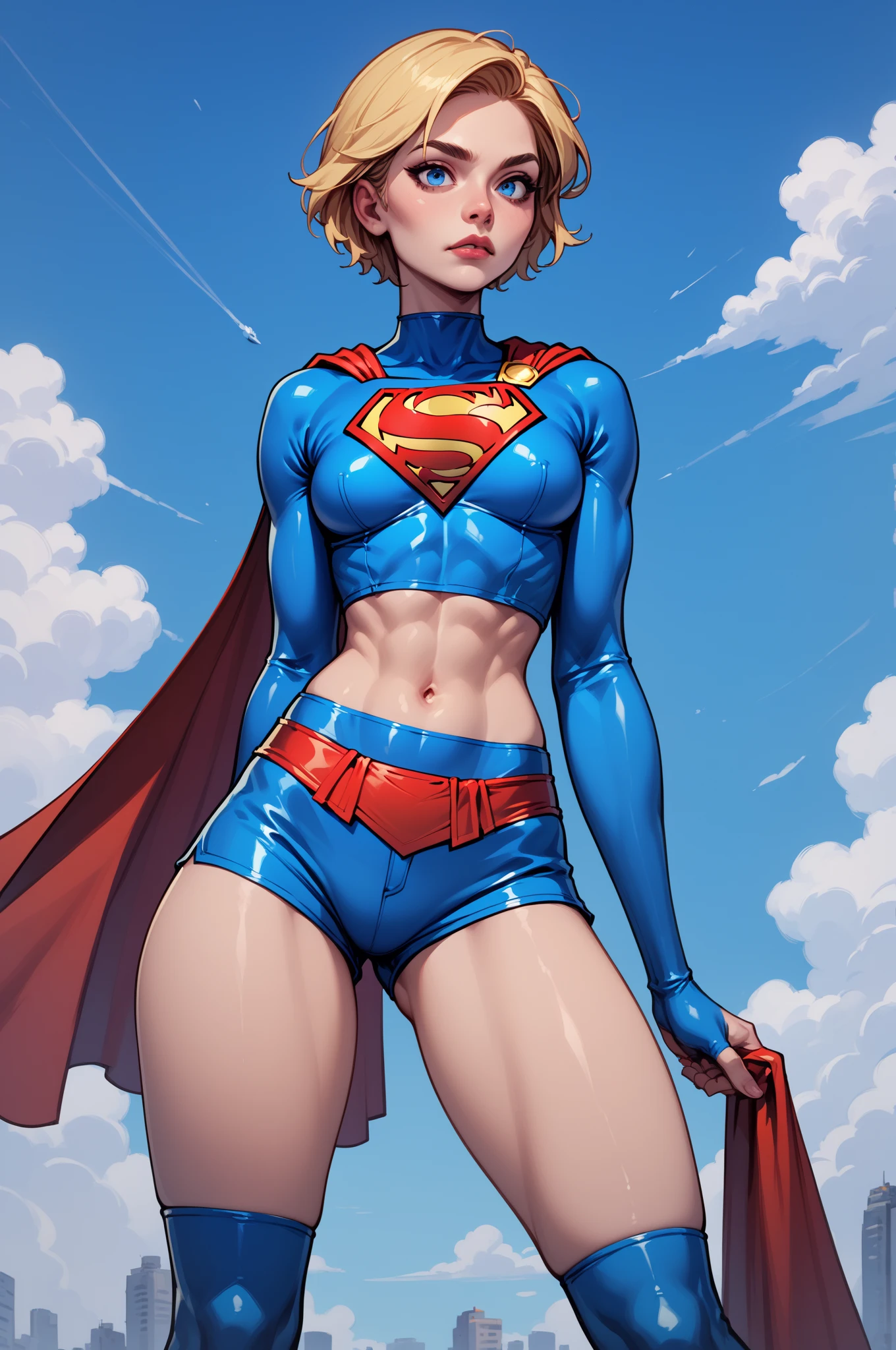 
Blonde girl with short hair and blue eyes, wearing a blue latex shirt with the Superman symbol, shirt wearing blue latex shorts Wearing a red cape 