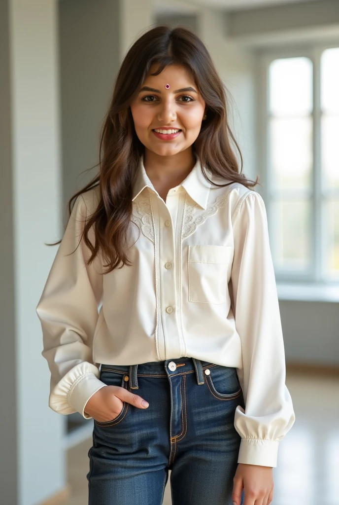 A tween with wavy hair in victorian outfit  and jeans posing on a bed