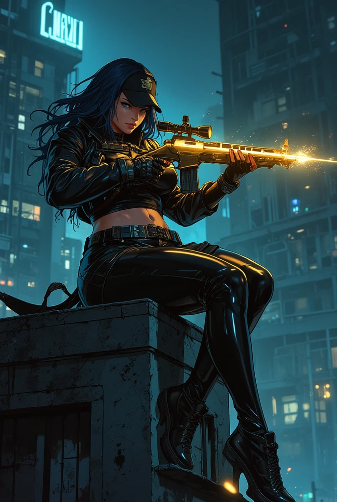 cyberpunk-style city with a nocturnal vibe with Matrix-like aesthetic references, glowing huge clock tower as time machine, green glowing cascading code. At night, (1girl, solo, alone), photorealistic, medium-breast slim:0.6 body, oval:0.5 face, cleavage:1.1, sexy black laced bra, miniskirt, white laced panty, coat, (black micro sunglasses), (holding a short gun), (slightly leaning forward running pose), ((half-body thigh level medium shot)), cinematic lighting, ray tracing, motion blurred background.