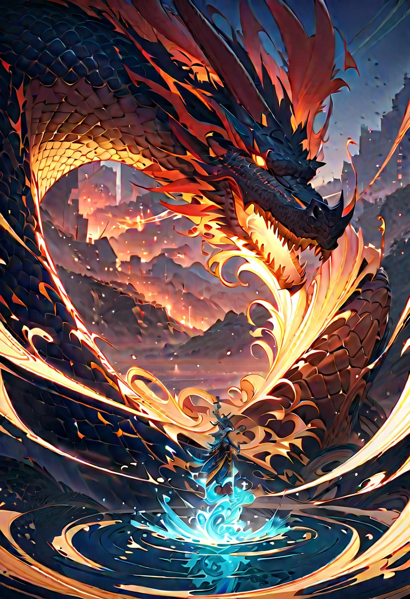 a large ancient chinese dragon,flying over a dramatic mountainous landscape,detailed scales,fierce eyes,horns,long claws,dramatic sky with clouds,cinematic lighting,intricate details,vivid colors,8k,masterpiece,photorealistic