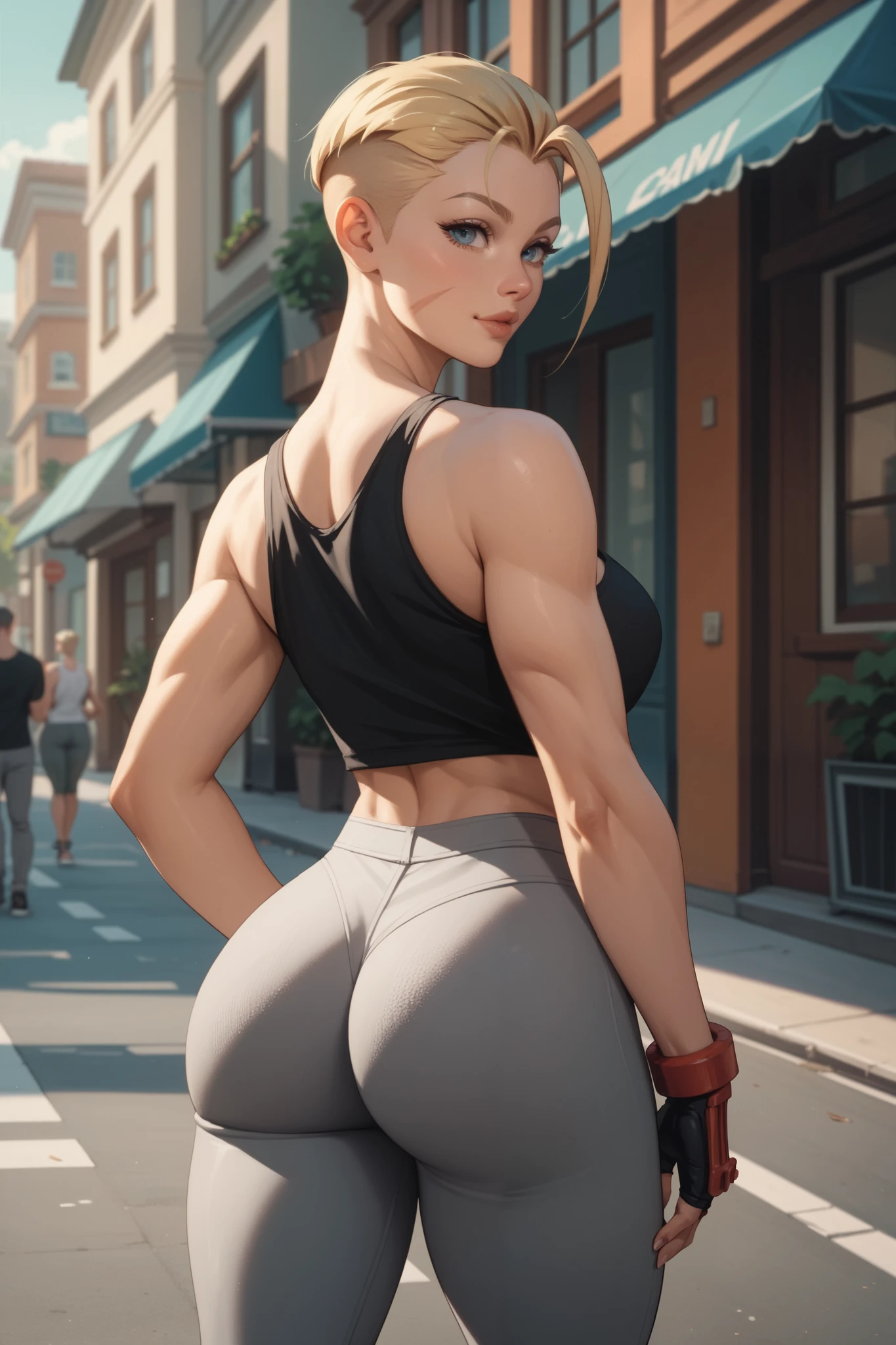  Cammy white, Sexy, perfect face, perfect body, thick legs, thick shin, curvy, big ass, perfect ass, thick body, blonde pixie cut hir, black tank top, Grey stretch pants, standing, in street, solo, 