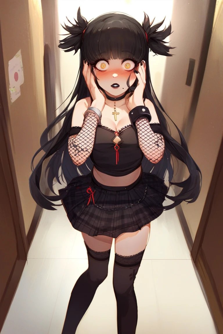 score_9, score_8_up, score_7_up, front view, solo, 1girl, mwophelia, mole under mouth, black lips, blush, surprised, looking at viewer, standing, hands on own face, two side up, black camisole, fishnets, detached sleeves, black skirt, plaid skirt, black thighhighs, black choker, cross necklace, bracelet, nail polish, black nails, bare shoulders, cleavage, indoors, hallway 