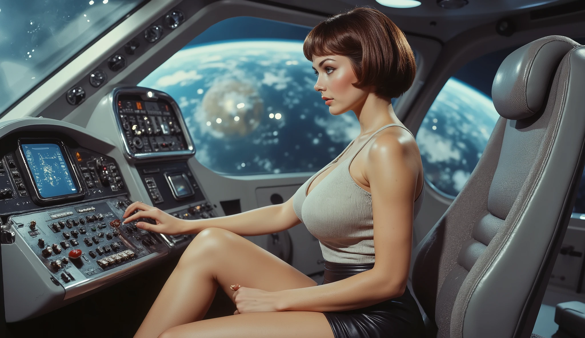 A woman, light-skinned, mid-20s to early 30s, in a futuristic spaceship cockpit.  She has short, dark brown hair and is gazing out the window, a thoughtful expression on her face.  She's wearing a fitted, light grayish-white tank top, and a black leather-like mini skirt.  Her posture is relaxed and confident, seated in a gray, padded captain's chair.  The cockpit is filled with futuristic gray and metallic panels and displays.  There's a large monitor showing a detailed image of Earth.  The lighting in the cockpit is somewhat dim but highlights the woman's features, creating a somewhat dramatic, but balanced, ambiance.  The background depicts deep space with outer space visible through the large windows of the cockpit.  Various control panels, buttons, and gauges are visible, creating a functional and detailed look.  The composition is centered around the woman's figure, emphasizing her presence in the spacecraft's command station.  Realistic, Photorealistic, Cinematic, Sci-fi, Space, Cockpit,  Detailed,  High quality, 8k, High definition, Digital art,  Interior,  Futuristic,  Female,  Stylish,  Sharp,  Expert lighting,  Depth of field.