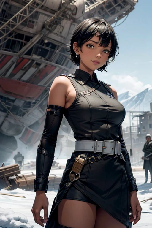 8K,younger sister,so beautiful(Like the real thing),Toned, muscular body,sexy,clear narrow eyes,black eye,Cool smile,Blue combat jacket,Black Shirt,Black combat pants,short,Compensate,Ultra-Realistic Skin,compensate,masterpiece,Photorealistic RAW photos of the highest quality。Bright colors,Rich colors, Backlight, Cinema Lighting, Film Grain, 50mm lens, Nikon D850,Detailed character art,Fantasy art,Ultra-high resolution,Ultra-Realistic Skin,Perfect hand shape,In front of the abandoned temple,Beautiful expression,close,Very small breasts,Muscular Beauty,Dynamic fighting pose,ponytail,fist,