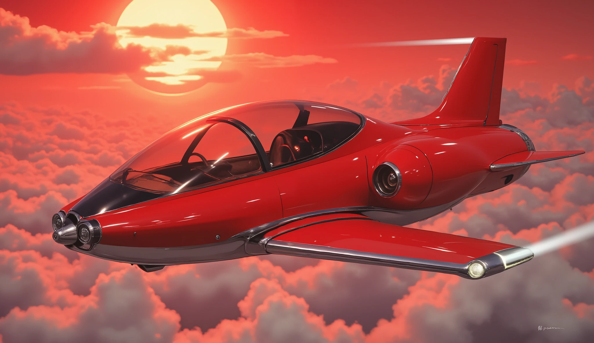 A vibrant red futuristic personal air vehicle, sleek and aerodynamic, soars through a crimson sunset sky with a large, glowing, pale orange-yellow moon dominating the upper left quadrant. The craft's smooth, polished exterior shimmers under the dramatic lighting. Sharp, angular lines define the fuselage and wings, giving it a distinctive, almost automotive aesthetic. The vehicle's cockpit has a large, somewhat transparent window that hints at the interior, and glowing accents suggest futuristic technology. The background is a soft-edged,gradient reddish-purple sky filled with stylized clouds that subtly meld into the sunset hues. The color palette is saturated and vibrant. The perspective shows the vehicle in mid-flight, with a slight downward angle, emphasizing its speed and power. The overall mood is one of futuristic adventure and awe. The illustration's style combines elements of smooth realism with a touch of cartoonish dynamism that conveys a sense of speed and imagination. Dynamic lighting and a strong sense of volume bring the image to life. This illustration embodies smooth, vibrant colors, and futuristic forms in its design. Art style: futuristic illustration, digital painting.