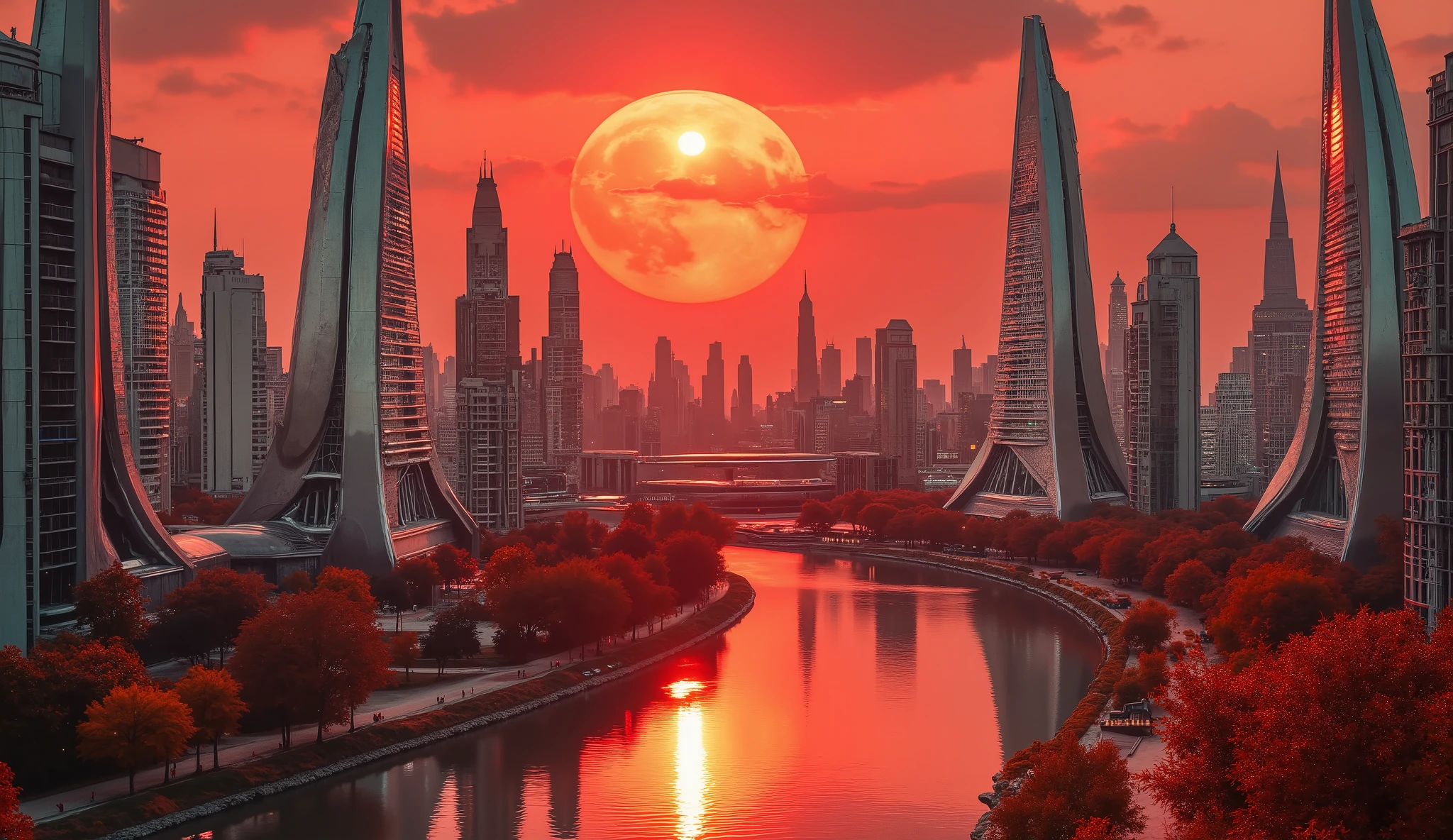 Aerial cityscape panorama of a futuristic metropolis, bathed in a vibrant, crimson sunset.  High-rise buildings with angular, metallic exteriors dominate the scene, reflecting the fiery hues of the sky.  A large, reddish-orange moon hangs prominently in the background, casting a warm glow over the city.  A calm river winds through the urban landscape, mirroring the buildings and sky in its still, crimson waters.  Trees with reddish-brown foliage line the riverbanks, adding a touch of autumnal warmth.  Architectural style evokes a blend of futuristic design and classic modern structures, with smooth surfaces and bold geometric shapes, creating a dynamic and harmonious interplay.  The color palette is vividly saturated, with deep reds, oranges, and a subtle glow of warm light highlighting the buildings' features. The overall composition evokes a sense of peaceful wonder amid the technological grandeur, with a mood that is tranquil and awe-inspiring.  Expert use of perspective and lighting creates a dramatic backdrop to the futuristic buildings, establishing a futuristic yet natural ambiance.  The style subtly hints at cyberpunk aesthetic ideals, blending technology and nature seamlessly.  Wide-angle lens or equivalent perspective.