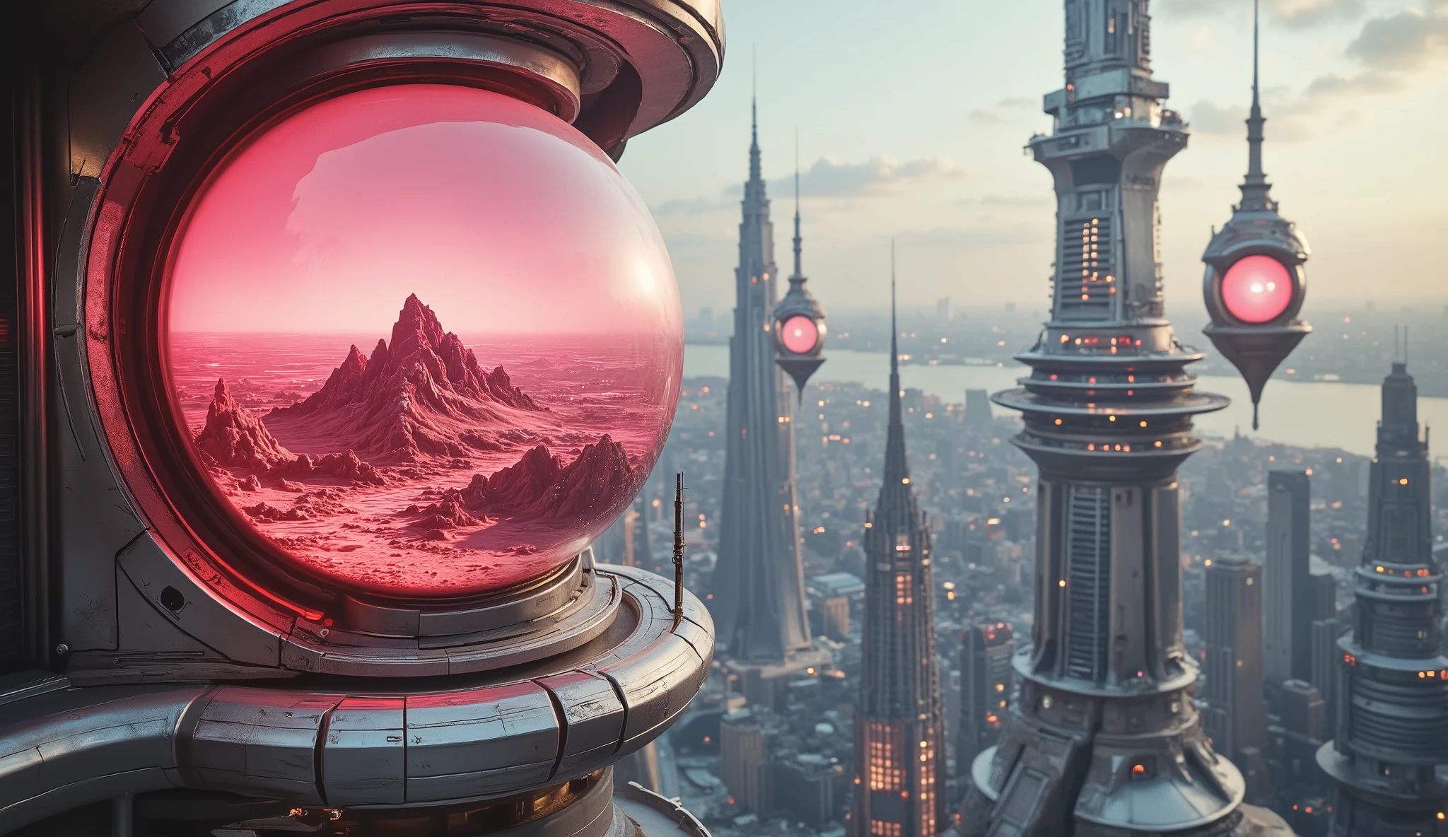 Large futuristic city with floating structures. Elevated, metallic skyscrapers with balconies. Large, red glass jars containing vibrant, glowing pink liquid landscapes that look like miniature mountain ranges, mounted on balconies. Cityscape extends to horizon, including river, architecture suggesting advanced technology. Soft, sunrise or sunset lighting. Metallic, sleek design. High-angle view from above, showing elevated living spaces. Cyberpunk aesthetic, futuristic cityscapes, sci-fi setting, modern architecture. Pink neon lighting. Smooth, reflective surfaces. Detailed, realistic textures. Calm, serene mood. Glass jars are detailed, smooth textures. Architectural elements exhibit smooth lines and strong shapes. Subtle details in designs of the city, structures. Wide, panoramic shot.