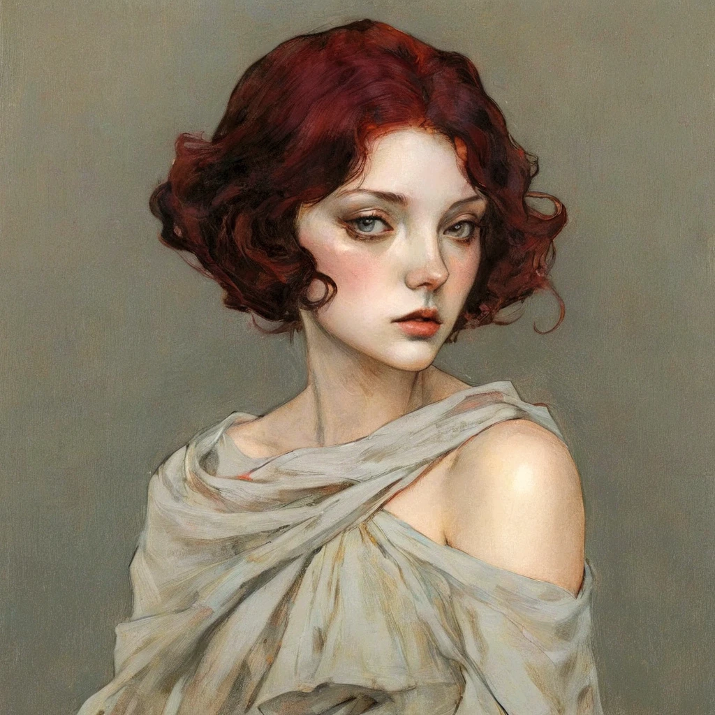 Sexy illustration of an elegant queen using chiaroscuro (((Short hair without bangs:1.4、beautiful eyes) , High quality ,Silk dress, matte paint, John Singer Sargent, author：Katsuya Terada、 Very soft colors, Deep and vivid, Deep red pastel, Very detailed, The art of math, High contrast, dramatic, complicated, Tone, close, Sexy and romantic、masterpiece、The Minimalists、chiaroscuro technique on sensual illustration of an elegant 1980s woman, vintage beauty, eerie, the model draped in flowing, thick oil painting, by Hannah Dale, by Harumi Hironaka, extremely soft colors, vibrant, highly detailed, malcolm liepke painting, oil on canvas, high contrast, dramatic, refined, tonal, Create high contrast between light and shadow