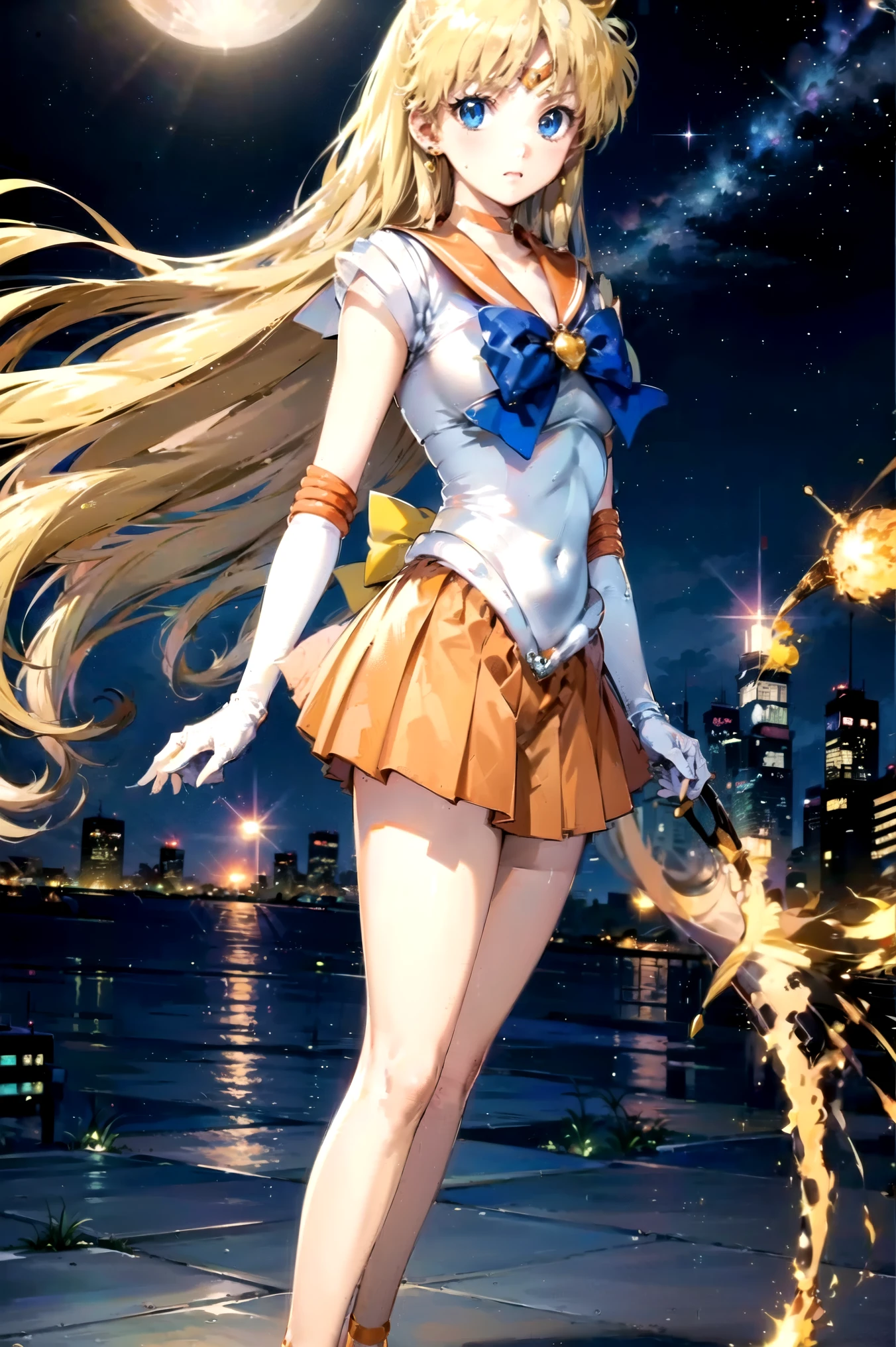 1boy and 1girl, Angle from the front, Angle from below:1.8, (Moonlit night)、(On the roof of a building)、thighs、(shiny White skin:1.6)、blue eyes, ((Slim figure)), (12 years old girl), (grin), (Shiny blonde hair)、Long hair, (forehead), Blue ribbon on chest, Big red ribbon, ((Sailor Venus))、Sailor suit、Pleated mini skirt、foot on penis, ((footjob)), 1penis, under hair, scrotum、((eject cum)), (footjob)、((Amazon Position)), (The boy has his legs open)、(The girl rapes the boy),