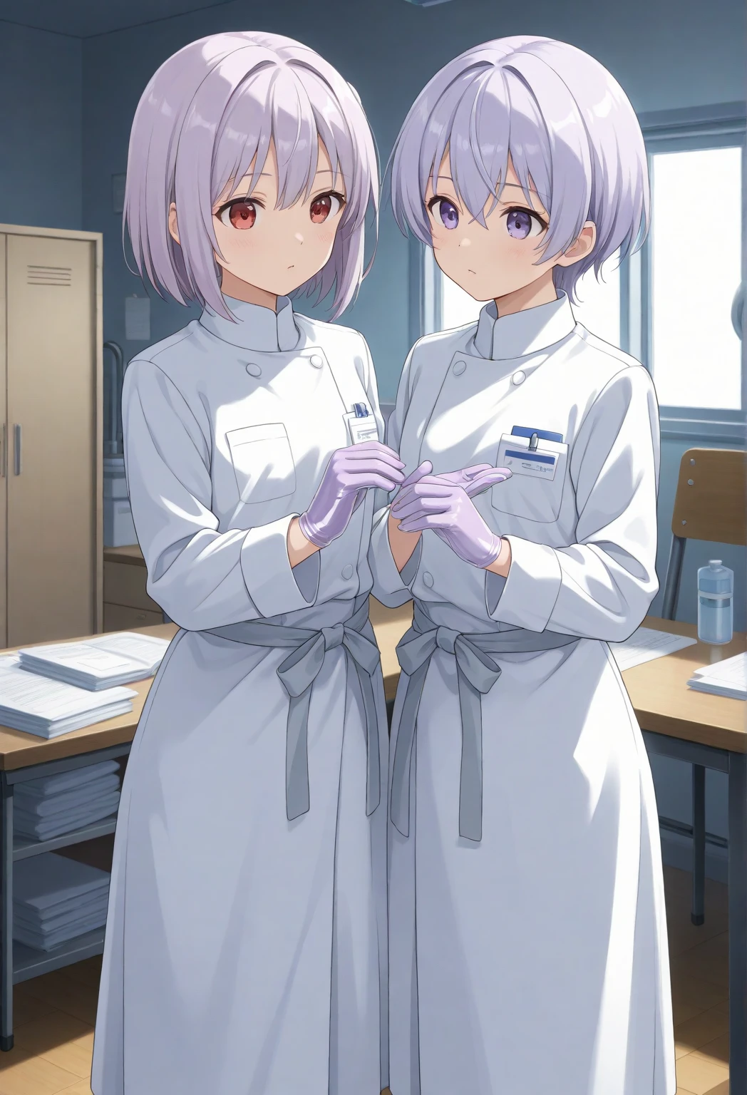  two girls, anime, [ short hair ], [Doctor Clothes ], [operating], ((light purple gloves)), (( Surgical Gloves)), (( latex gloves )),  other clothing is not made of latex, (( Long Sleeve )), [ Operating Room],  is standing, てのひらを合わせている