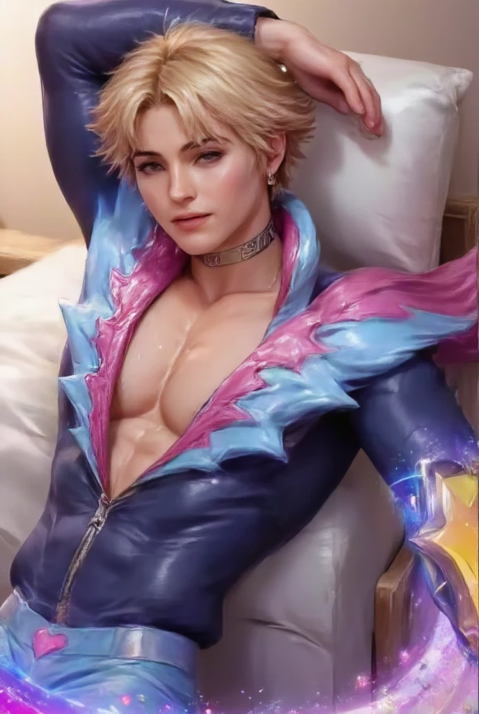 Ezreal without any clothes jerking off his hard dick layered in bed