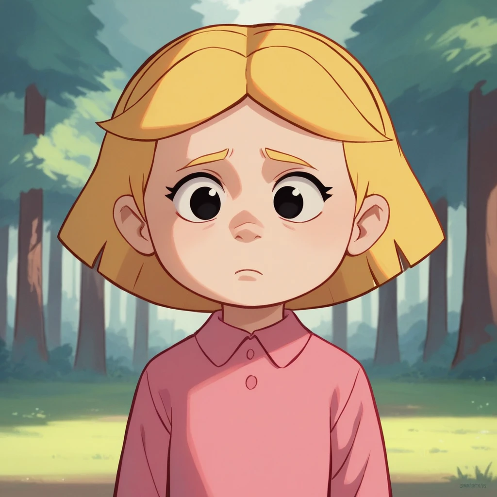 score_9_up, score_8_up, BREAK, EmilyElizabeth, 1girl, solo, blonde hair, short hair, black eyes, pink shirt, long sleeves, upper body,  forest,