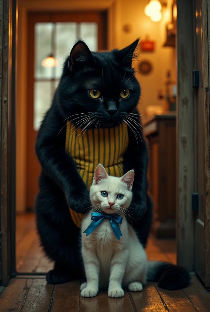  a black cat with broken ears gently 、白猫andハイタッチしている,  like standing in a hallway where you can see a view of the kitchen  , "2本足で歩く人間の背丈and同じくらい巨bodyで恰幅の良いスコティッシュフォールドのブラックキャット ((Cait Sith))body"and"An innocent blue-eyed white cat with a blue ribbon around its neck ", (  top quality  ,4K,8k,  high definition,Masterpiece:1.2),  ultra detail to attract small breasts ,(  realistic,photo  realistic,photo-  realistic:1.37),  detailed eyes ,  detailed nose  , Extremely Detailed Face ,  has long eyelashes,,  dusk lighting  , Yellow vertical striped apron ,Cheerful ,dramatic, Like in the movies , Strange  ,Western-style house  , vibe,captivating