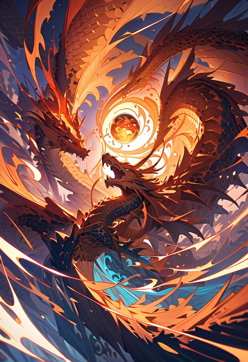 dragon flying in the sky, a sunset and a moon