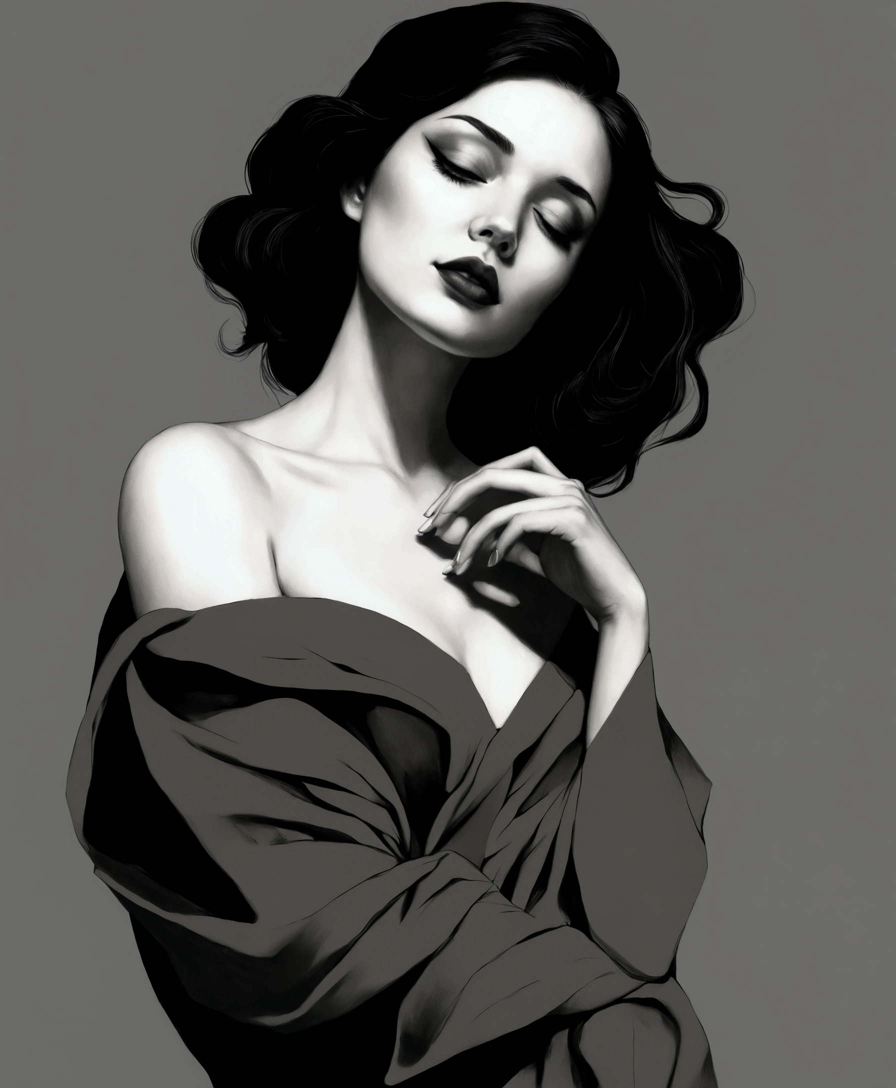 chiaroscuro technique on sensual illustration of an elegant woman, (best shadow, dramatic lighting) (best quality), black and white theme. high contrast, eerie, matte painting, by Hannah Dale, by Harumi Hironaka, extremely soft colors, vibrant, highly detailed, digital artwork, high contrast, dramatic, refined, tonal, golden ratio, happy expression,