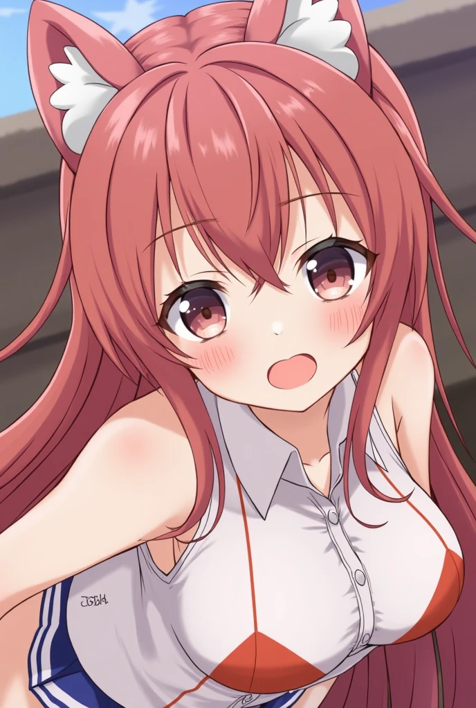 Large amounts on the whole body, including the chest and tongue, Photographed from the front, Woman with pigtails (Tied in two) Redhead (Both sides up, Half Twin Tail) alone, Delicate face, Long eyelashes, (Red Eye: 1.3), Medium cleavage, Tartan, music room, Top view, uniform, Light blue underwear, Sweat, thin, Open your mouth wide, Sticking out tongue, Crawling on all fours, A lot of white yogurt on my chest and tongue