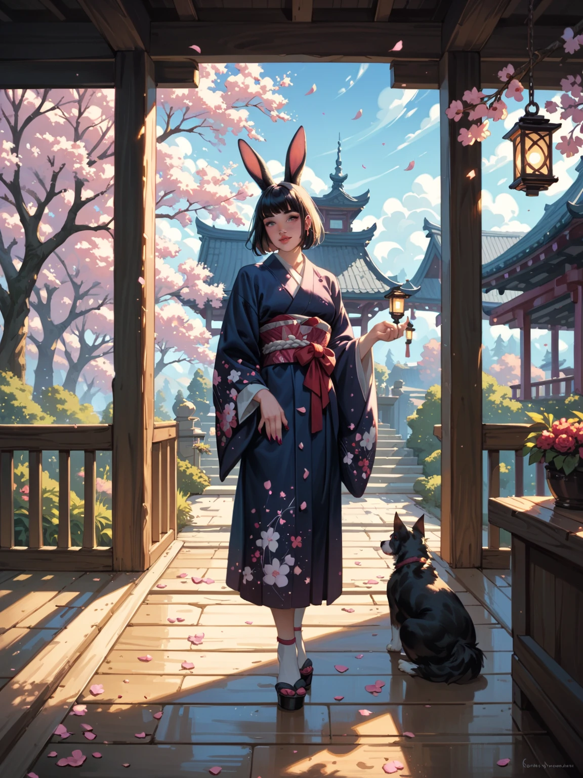 A sexy anthropomorphic [cat|dog|rabbit] girl in an ethereal kimono adorned with glowing cherry blossom patterns, standing on a polished wooden floor under moonlight, background of a serene Japanese garden with lanterns
