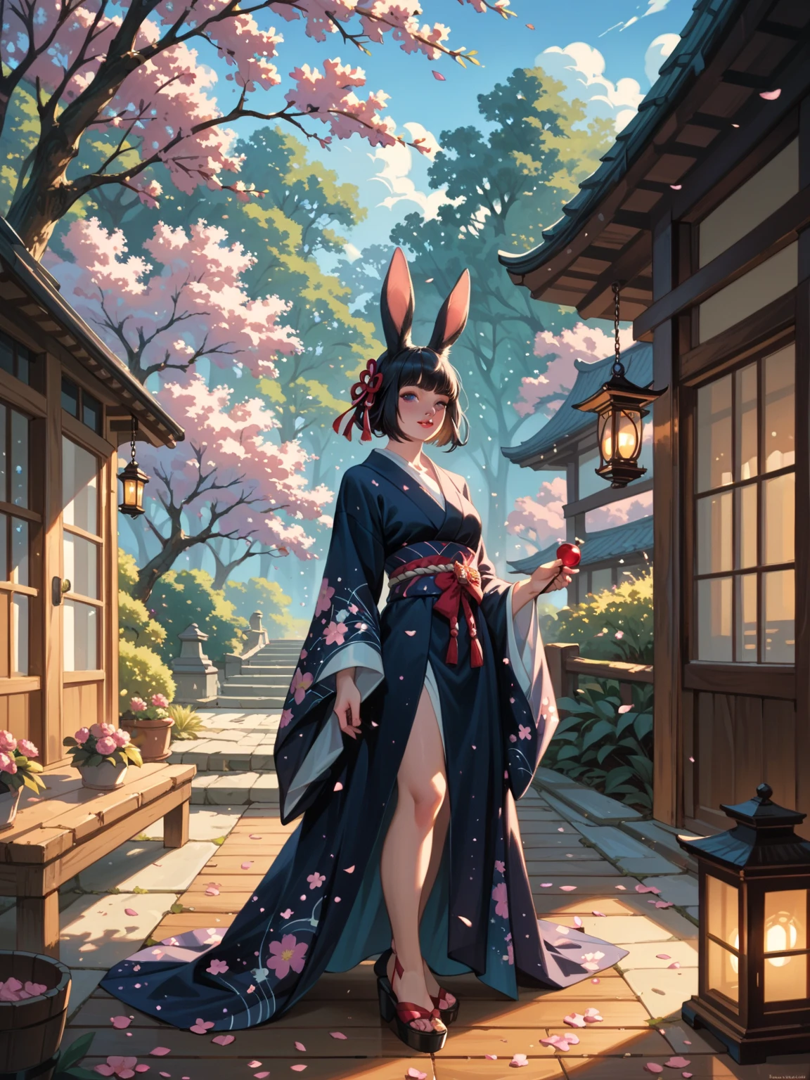 A sexy anthropomorphic [cat|dog|rabbit] girl in an ethereal kimono adorned with glowing cherry blossom patterns, standing on a polished wooden floor under moonlight, background of a serene Japanese garden with lanterns
